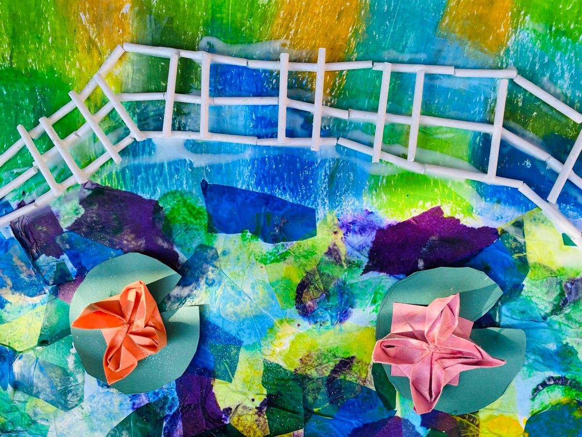 A Monet-style bridge and water lilies in tissue paper and origami
